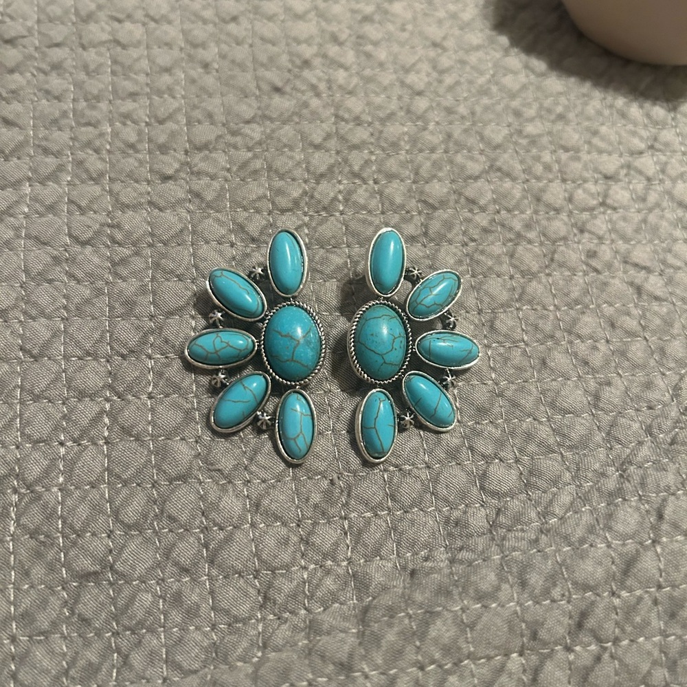 Turquoise and Silver Floral Earrings